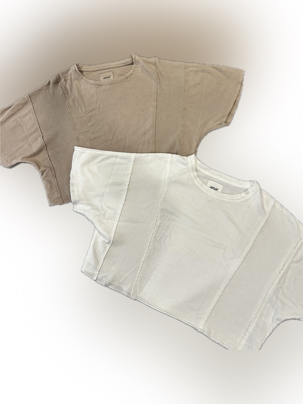 aerie Two-Pack Cropped Panel Tees in White & Tan Oversized XS